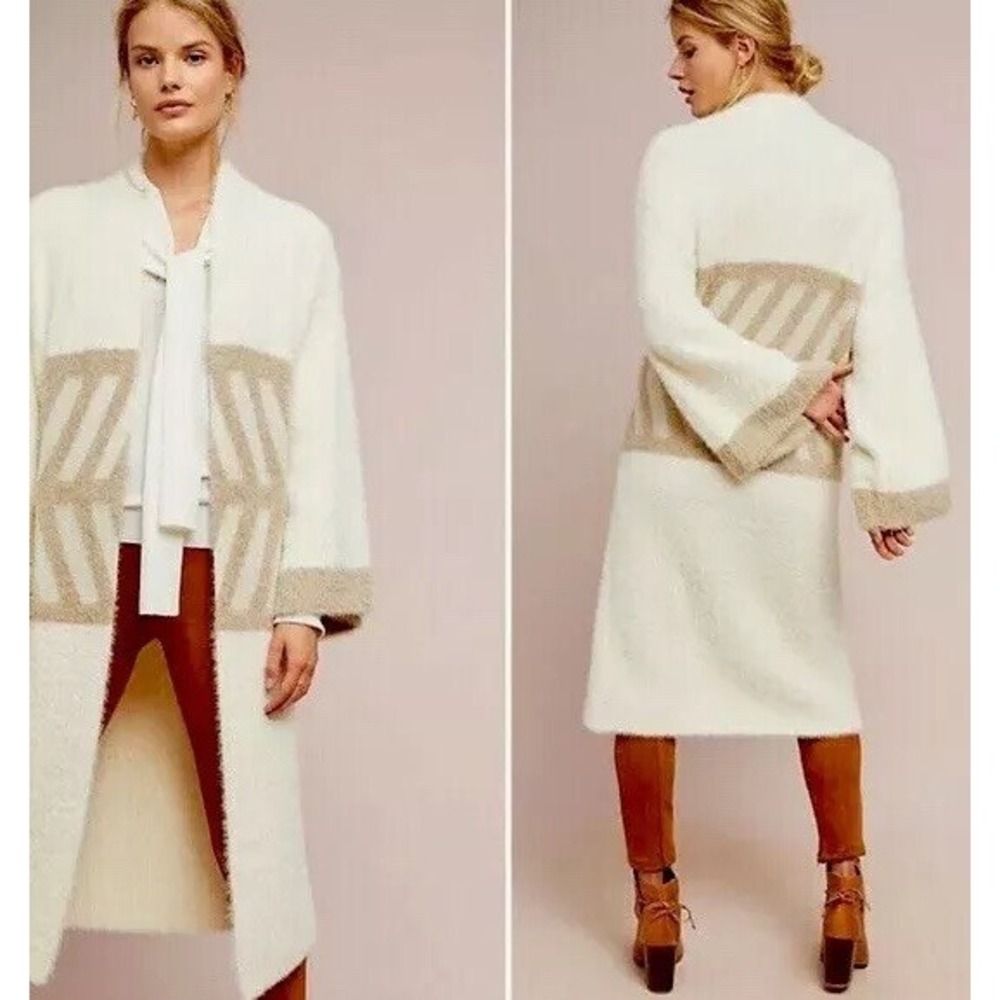 Anthropologie Fuzzy Knit Cardigan Sweater Beige Geometric Pattern Open Front O/S